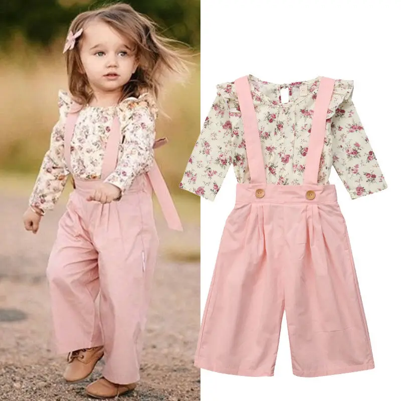

Toddler Kids Baby Girl Winter Clothes Long Sleeve T shirt Floral Tops+Pants Overall Outfits sweet girl Two Pieces Clothes set