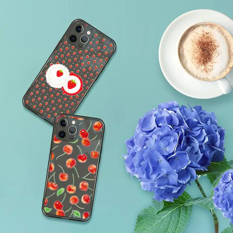 

Strawberry Cherry Phone Case For iPhone 12 11 8 7 se 2020 pro X XS XR MAX Plus Black Transparent Cover