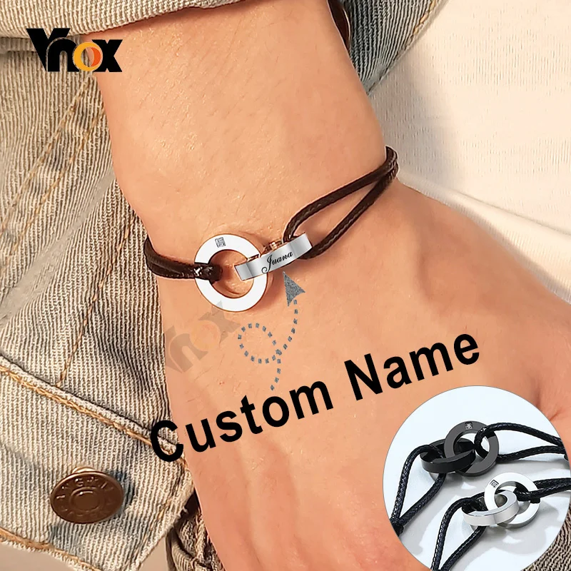 Vnox Custom Name Interlocked Circle Charm Bracelet for Men Women Adjustable Length Chain Engrave Initial Casual Couple Gift