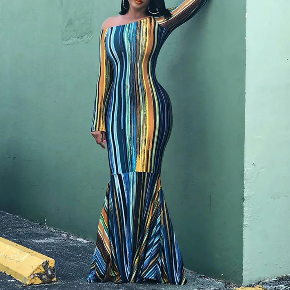 Цвет блок в полоску с открытыми плечами Русалка Длинные Сексуальные вечерние