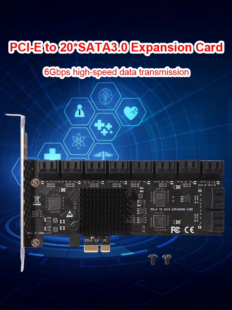 PCIE Adapter 20/16/12 Port PCI-Express X1 to SATA 3.0 SA3112J Expansion Card 6Gbps High Speed Add On Card W/ PCI-E X4 X8 X16