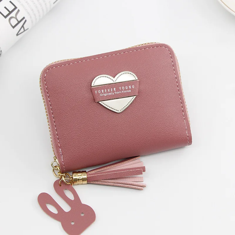 Милый маленький кошелек с сердцем женский короткий на молнии кисточками для