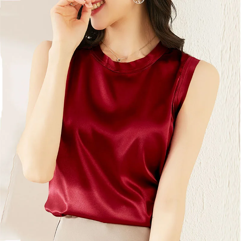Новинка лета 2021 шелковая блузка без рукавов с круглым вырезом Женский Стильный