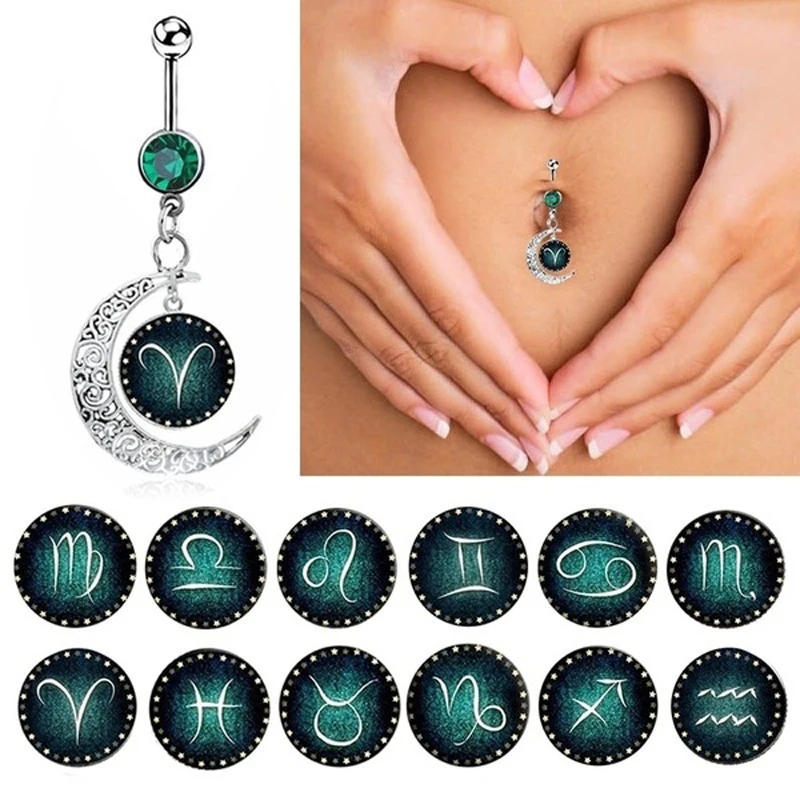 1PC Сексуальное пирсинговое украшение для пупка с 12 знаками зодиака, выполненное в виде кнопки на штанге с подвеской "Ombligo" для женщин, украшение для тела 14g.