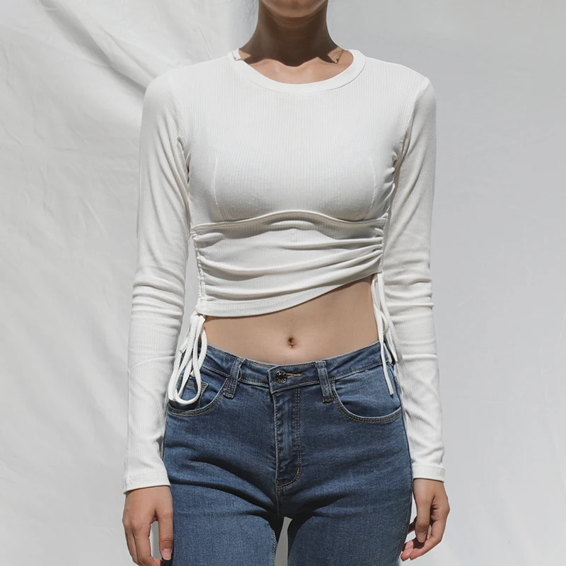 

Women Fitted Corset Detail Long Sleeve Crop T-shirt Ruched Side Crop Top In Rib