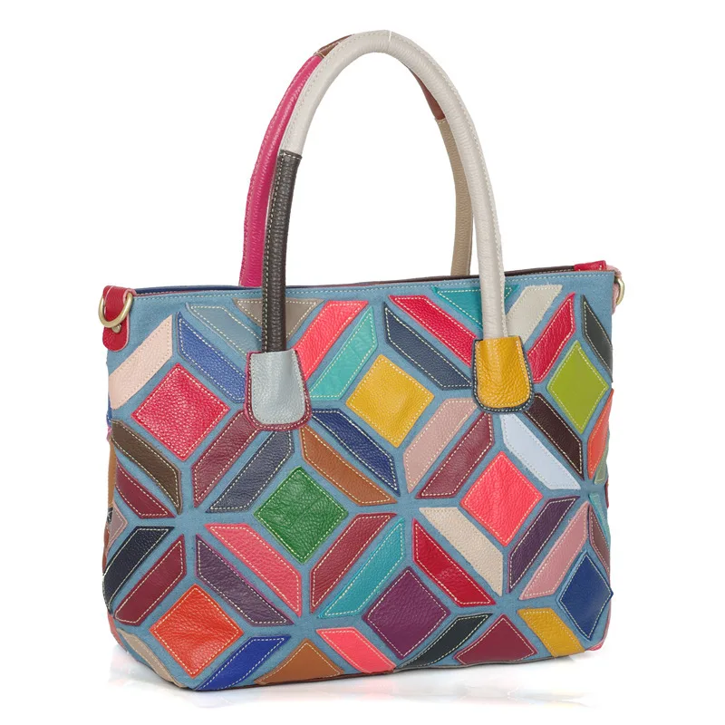 

Cowhide Patchwork European Handbag Messenger Bag Genuine Leather Casual Tote Bags