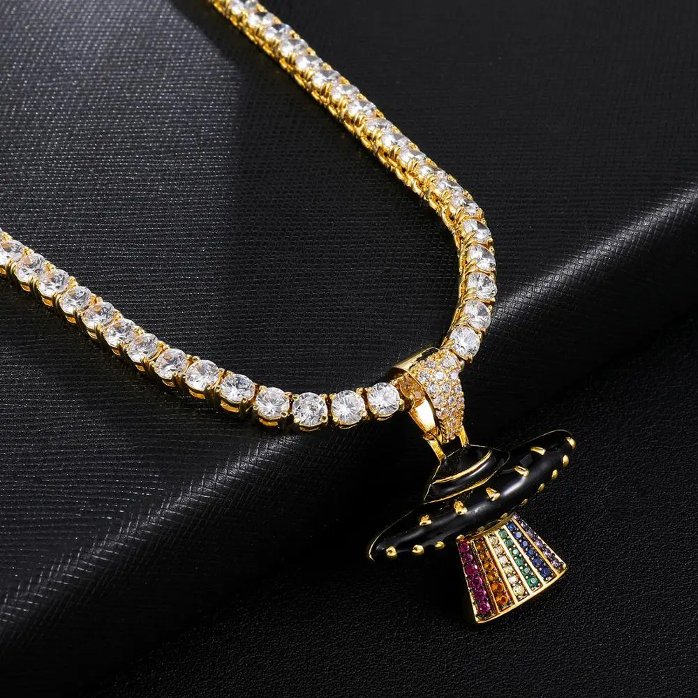 Men/Women Hip hop UFO airship Pendant Necklaces with AAA Zircon tennis chain Hiphop iced out bling Necklace fashion jewelry | Украшения и