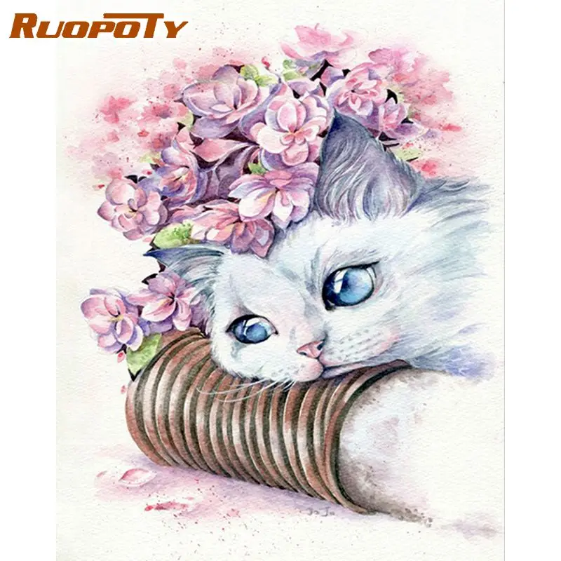 

RUOPOTY Cat Animal DIY Painting By Numbers HandPainted Oil Painting Canvas Colouring Unique Gift Home Decor 60x75cm