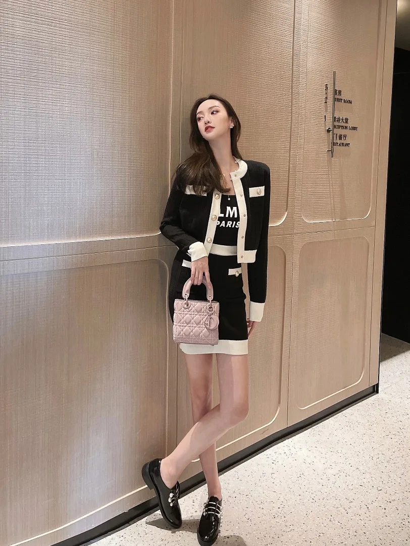 Autumn High Quality Women Casual Patchwork Wool Coat Sweater Cardigan With A-Line Skirt Ladies Luxury Sets 2 Color Gdnz 8.22 |