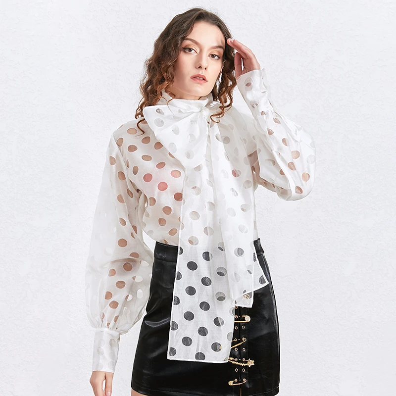 Женская блузка в горошек SISPELL со шнуровкой и бантом прозрачная рубашка с