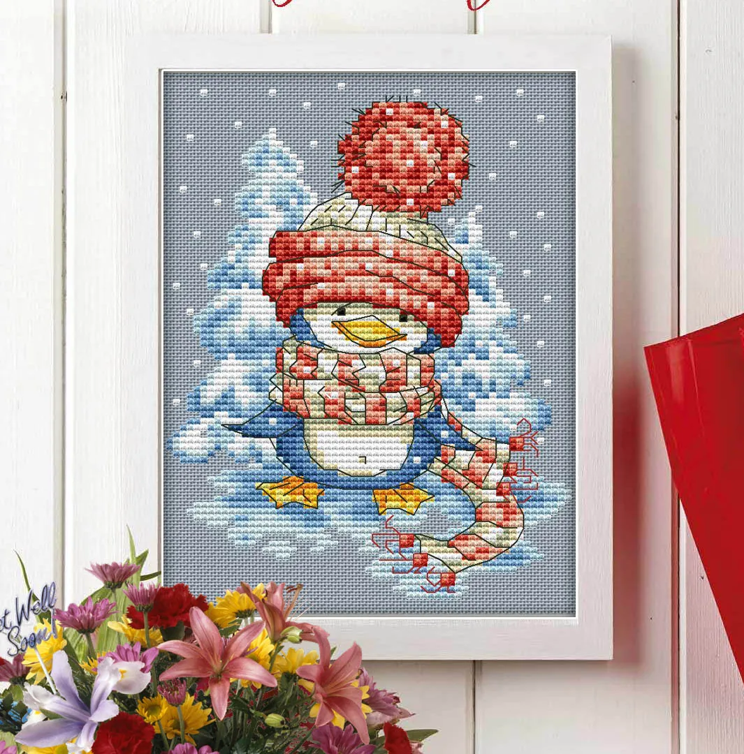 

Вышивка крестиком с милым маленьким пингвином, Экологичная хлопковая нить, вышивка, украшение для дома, подвесная картина, подарок