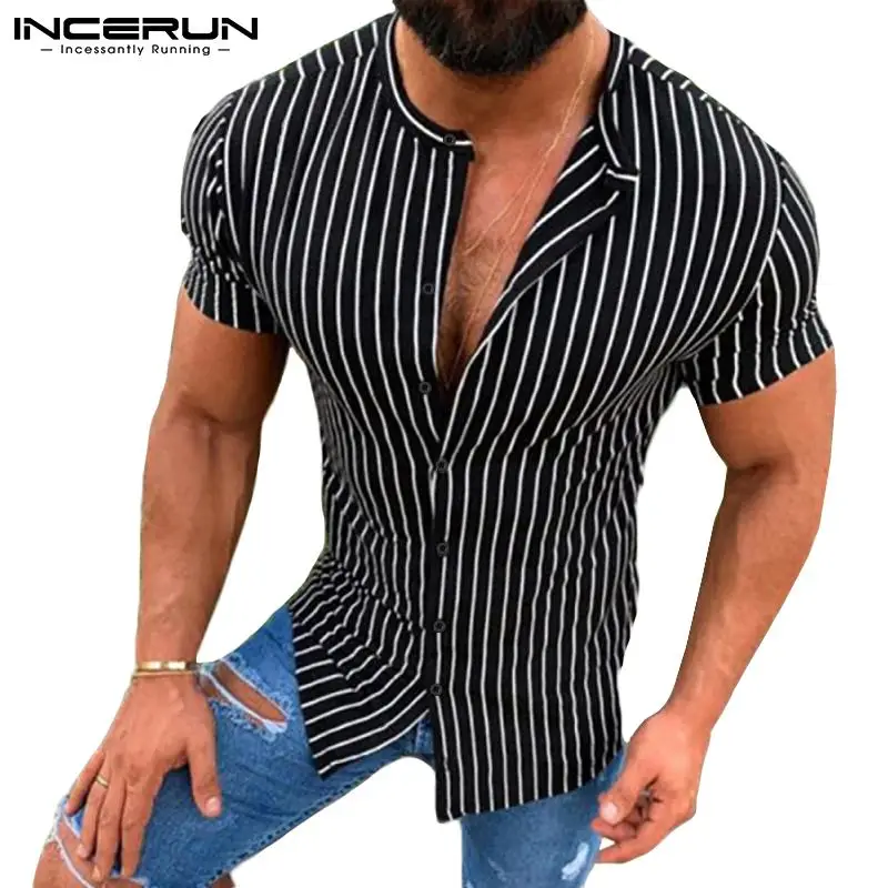 

INCERUN Men Striped Shirt Brand Stand Collar Short Sleeve Button Shirts 2021 Summer Streetwear Fashion Casual Camisas Hombre 5XL