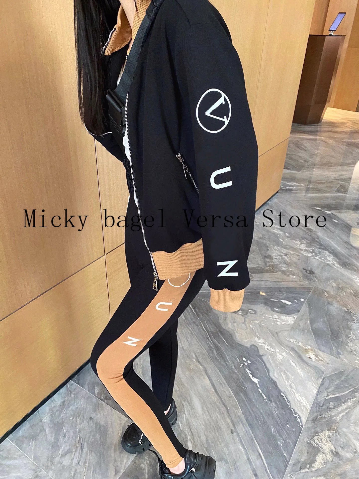 

2021 luxury design letter printing fashion women's long sleeve zipper coat + high waist slim casual pants women's sportswear