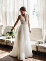 lace top wedding dresses v open backless sleeveless appliques tulle a line simple elegant bridal gowns vestido de noiva classic