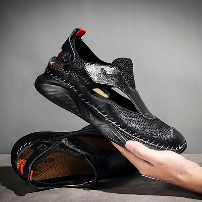 

Sandals Shoes For Men Breathable Leather Casual Driving Summer Beach Dad Outdoor Soft Soled Big Foot Slippers