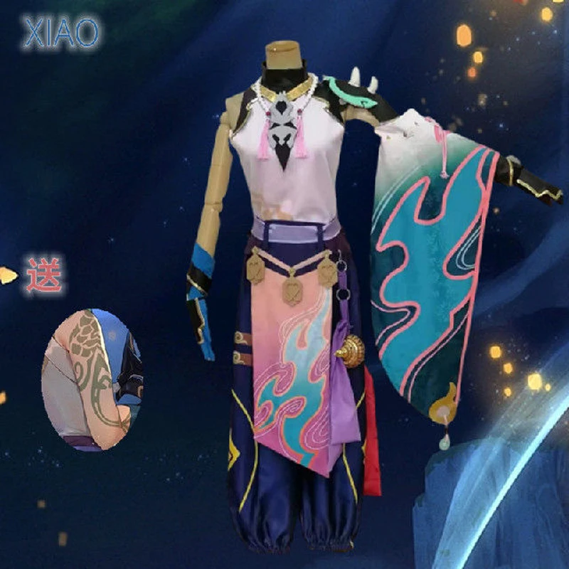 В наличии горячий косплей-костюм с прической для персонажа Ксиао из игры Genshin Impact по низкой цене в комплекте с униформой и аксессуарами для Хэллоуинской вечеринки.