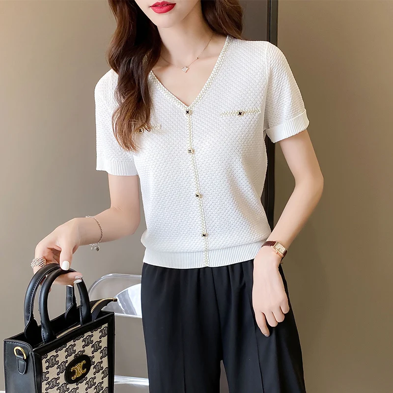 

2021 New Arrival New Room 207212, 7 Row Under 1 The Film Web Celebrity Figure V-neck Fake Pocket Short Sleeve T-shirt 32