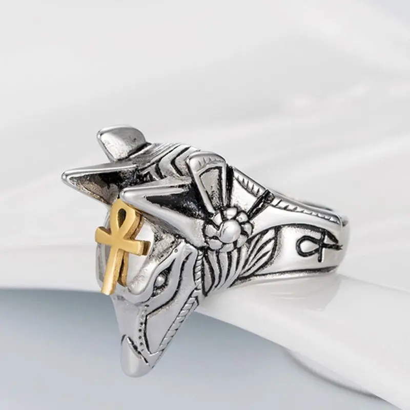 Мужское кольцо из нержавеющей стали с египетским God Anubis Gold Ankh Cross Beast Bands A2UA |