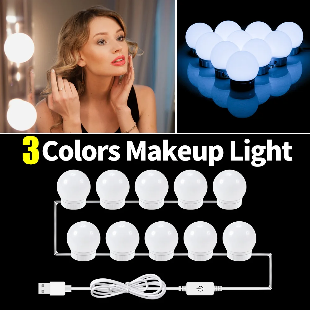 

DuuToo Makeup Light LED Dressing Table Mirror Lamp Bulb USB 3 Colors Dimmable Bathroom Cosmetic Vanity Bombillsa 12V Wall Lights