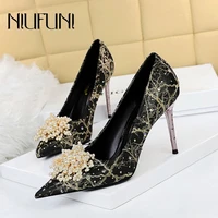 sexy banquet high heels stiletto pumps pointed pearl flower rhinestone women shoes slip on silk lace fashion wedding party shoes