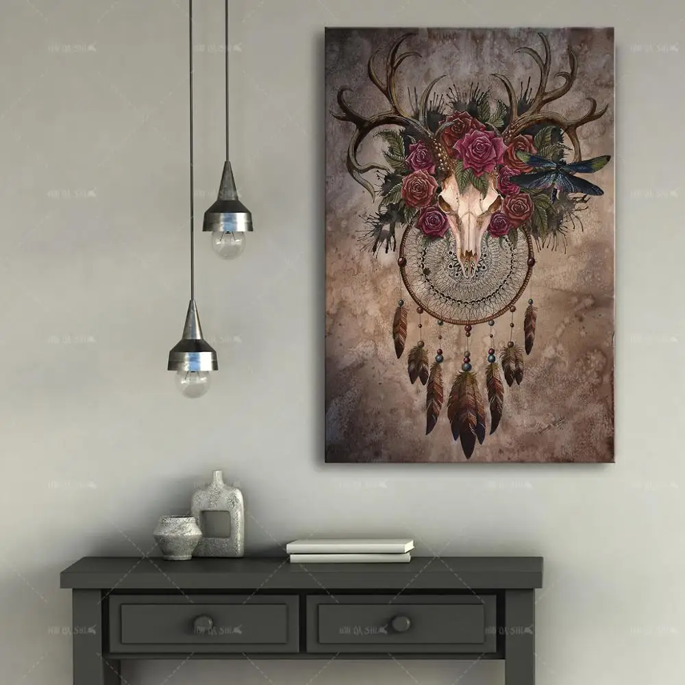 Животные Роза из перьев голова оленя череп Картина на холсте художественные