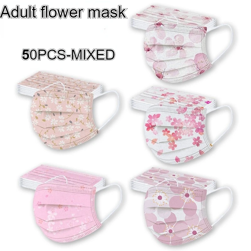 

2022 New 50pcs Mascarillas Adult Pink Flower Disposable Printed Three-layer Protective Mask Mascaras Virus Face Mask Crown Masks