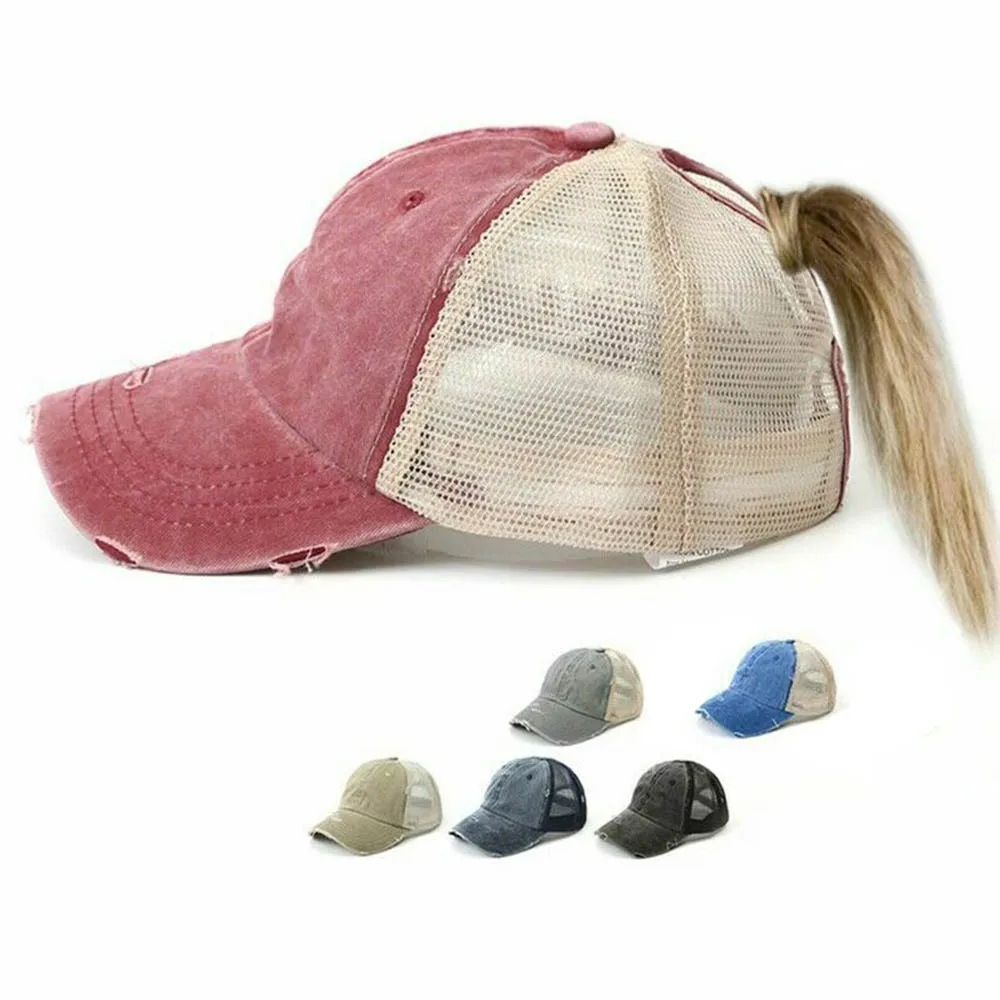 

2019 New Distressed Baseball Cap Messy Bun Ponytail Hat Women Mesh Trucker Caps Washed Cotton Adjustable Snapback Hip Hop Hats
