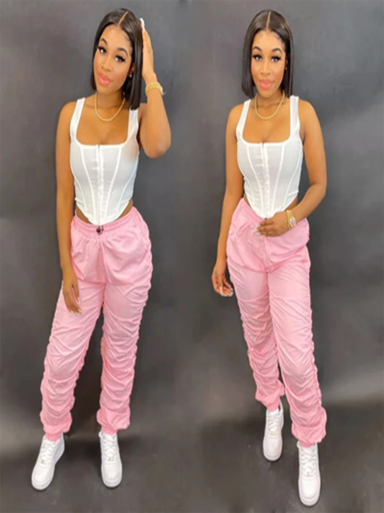 

Ladies Stacked Sweatpants Casual White Cargo Pants for Women Thin Straight Elastic Waist Loose Joggers Trousers Mujer Pantalones