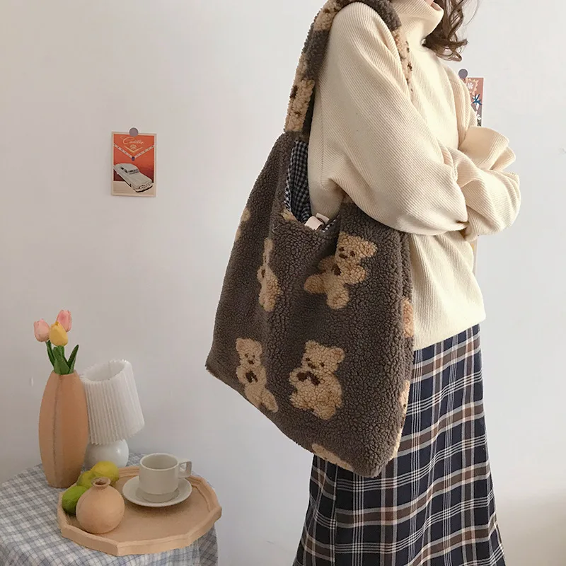 

Women cute bear plush bag female lamb large capacity shoulder bag girls handbag