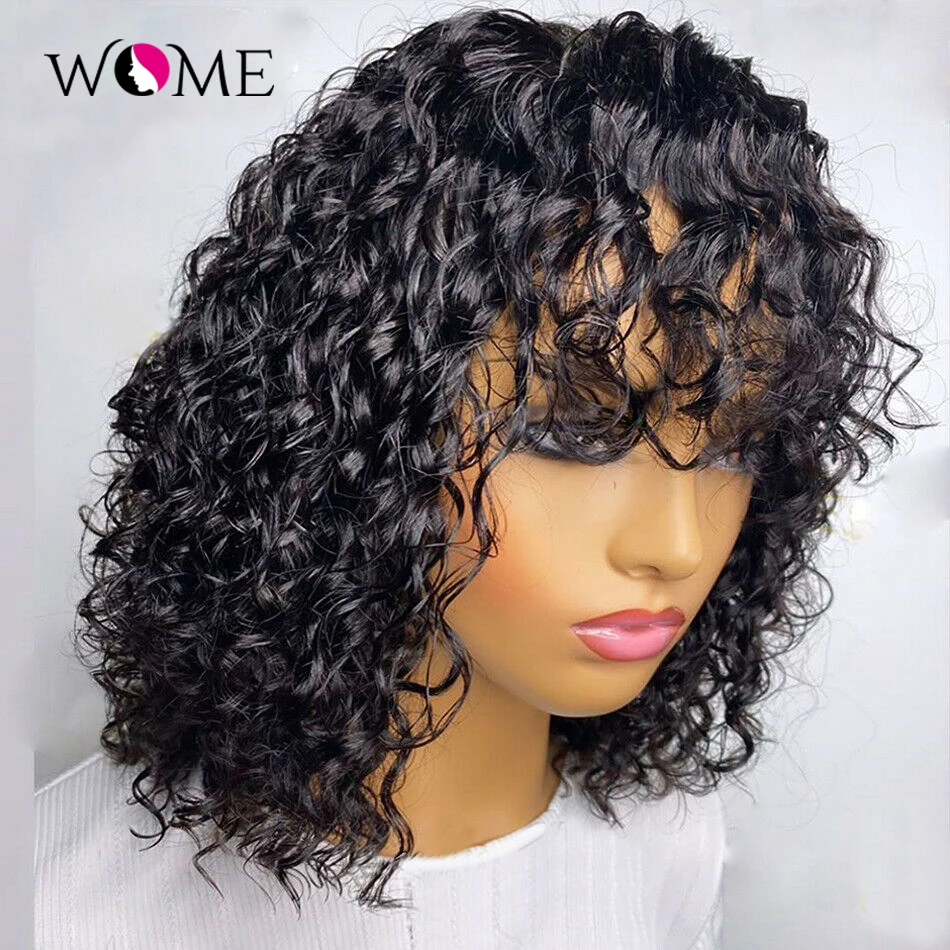 

WOME Water Wave Human Hair Wigs With Bangs Full Machine Made Wig Brazilian Water Wave Wig Natural Human Hair Wigs For Women Remy
