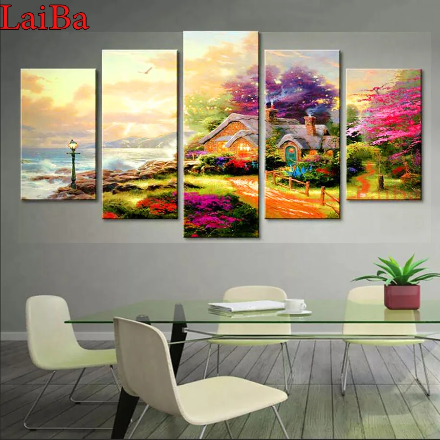 

5 pcs Diamond Painting Seashore village full square round drill cross stitch mosaic diamond embroidery crystal hut scenery decor