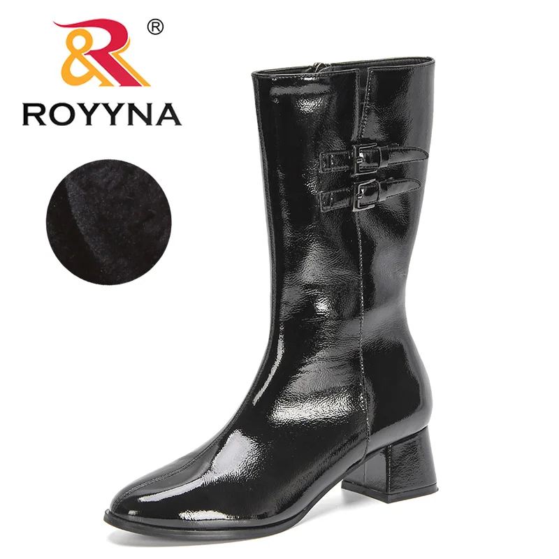 

ROYYNA 2022 New Designers Knee High Boots Ladies Non-slip Shoes Women Zipper Patent Leather Short Plush Chunky Boots Feminimo