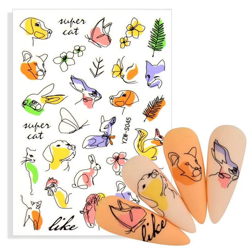 

Hot!! Colorful Mosaic Abstract Lady Face Nail Sticker Adhesive Black Leaf Sliders Paper Nail Art Decor Decals Manicure Foils