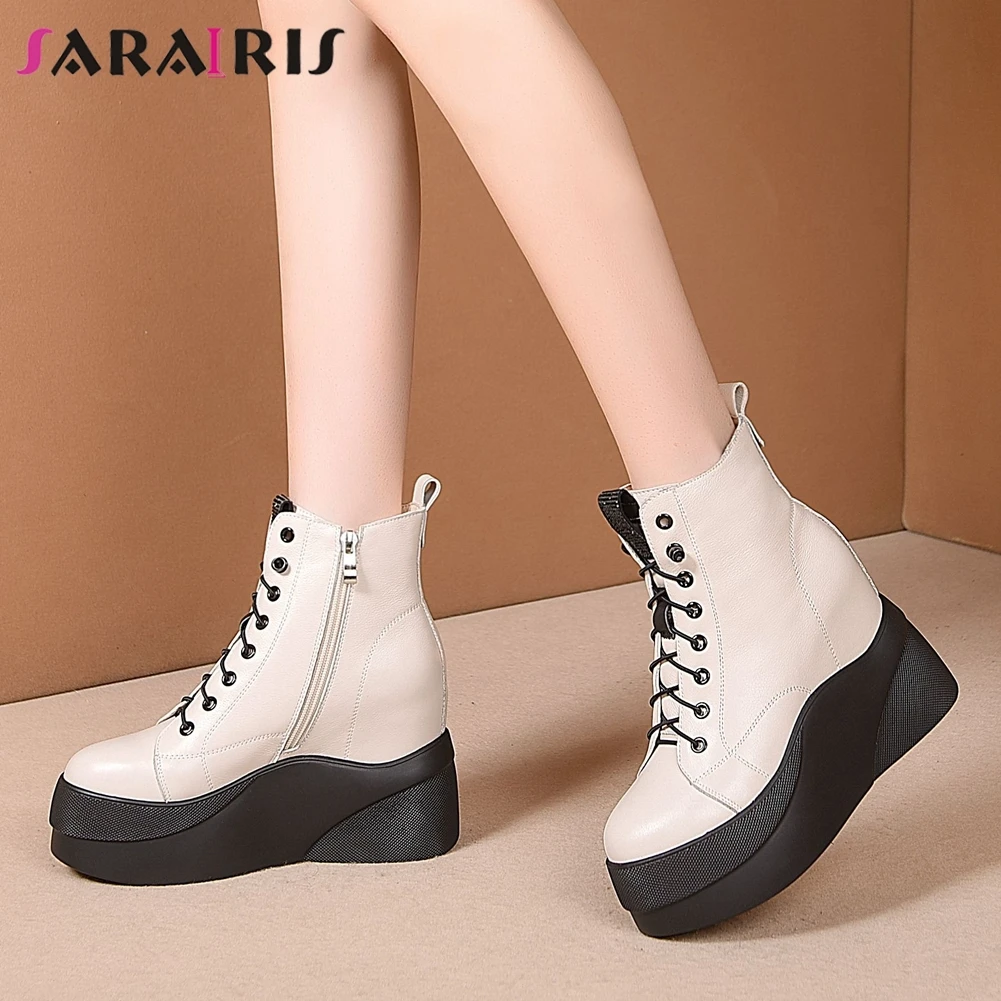 

SARAIRIS Autumn New Female shoelace Boots Ankle Boots Women Genuine Leather Platform Height Increasing High Heels Shoes Woman