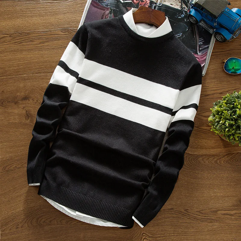 Fashion Mens Sweaters 2019 New Clothes Winter Preppy Style Wool Cotton Striped O-neck Men Sweater Coats Regular Rainbow Sweater