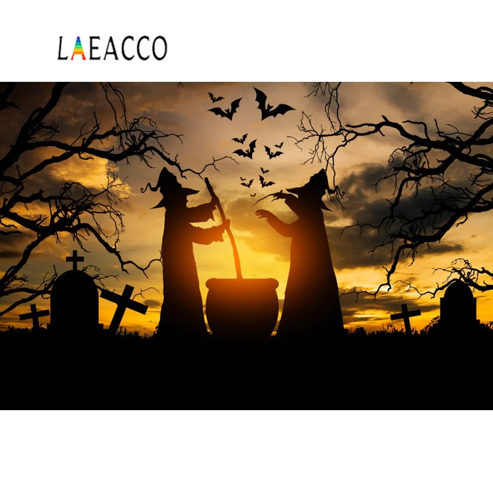 Laeacco хэллоуин фотография фоны ведьма надгробие летучая мышь закат сцена ребенок