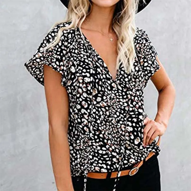 

Women Floral Print Chiffon Blouse Summer Short Sleeve V Neck Vintage Shirts Fashion Streetwear Plus Size Female Blouse Tops