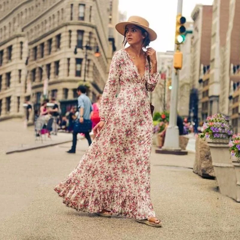 

Maxi Dresses for Women Long Sleeves Party Deep V Neck Floral Print Bohemian Cotton Dress Holiday Going Out Streetwear Vintage