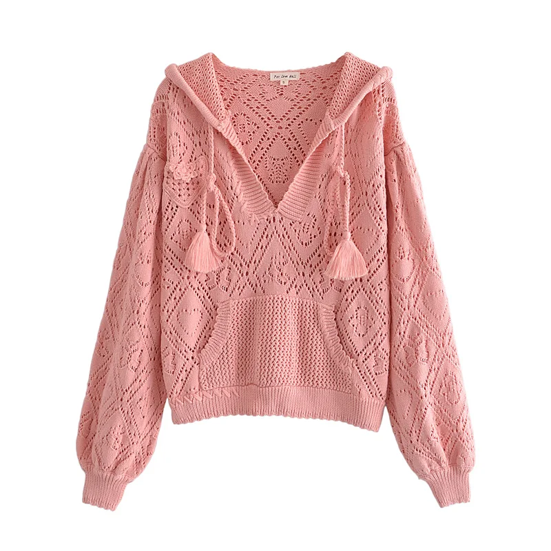 

Engeland Vintage Fashion Solid Hollow Out Borduren Hooded Truien Vrouwen Truien Ruches Gebreide Harembroek Sets