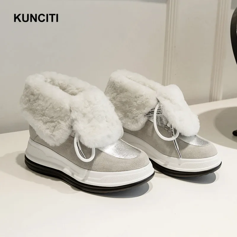 KUNCITI/; зимняя обувь; женские зимние ботильоны на шнуровке; ботинки из натуральной кожи на танкетке; модная дизайнерская теплая обувь на меху; D9182