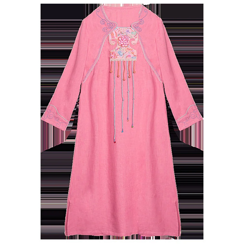S21l31 disc button women's long sleeved Tang style linen dress mid autumn Chinese embroidered tea |