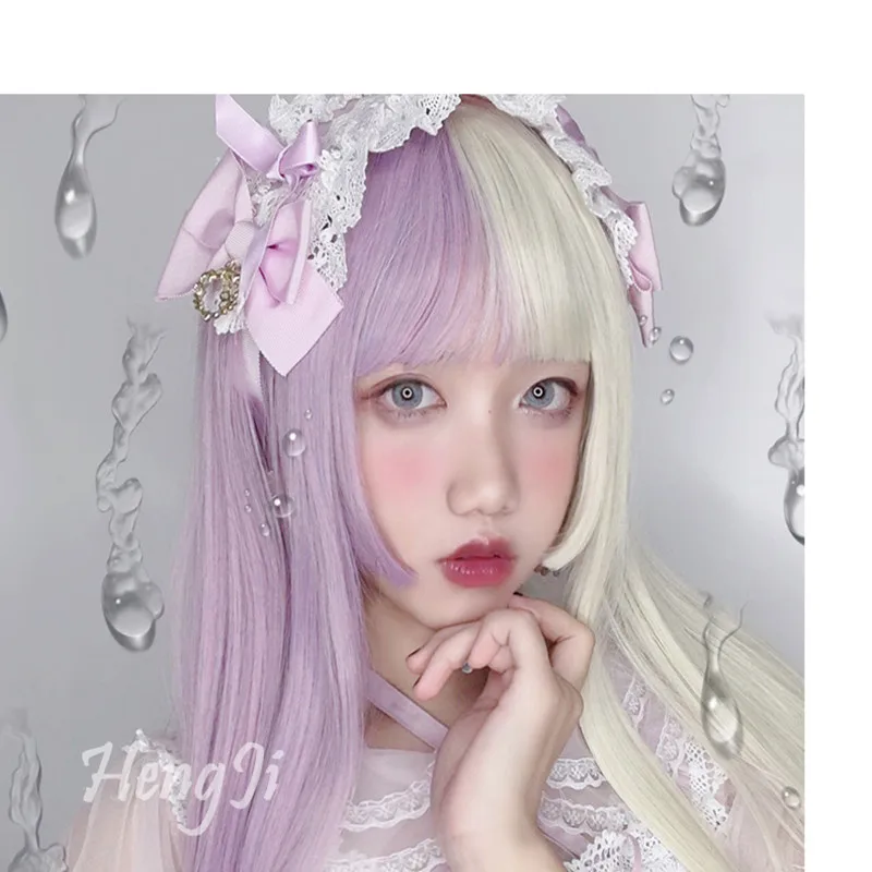 

UWOWO Purple And White Long Staight Cosplay Wig Heat Resistant Synthetic Hair Anime Party Hair