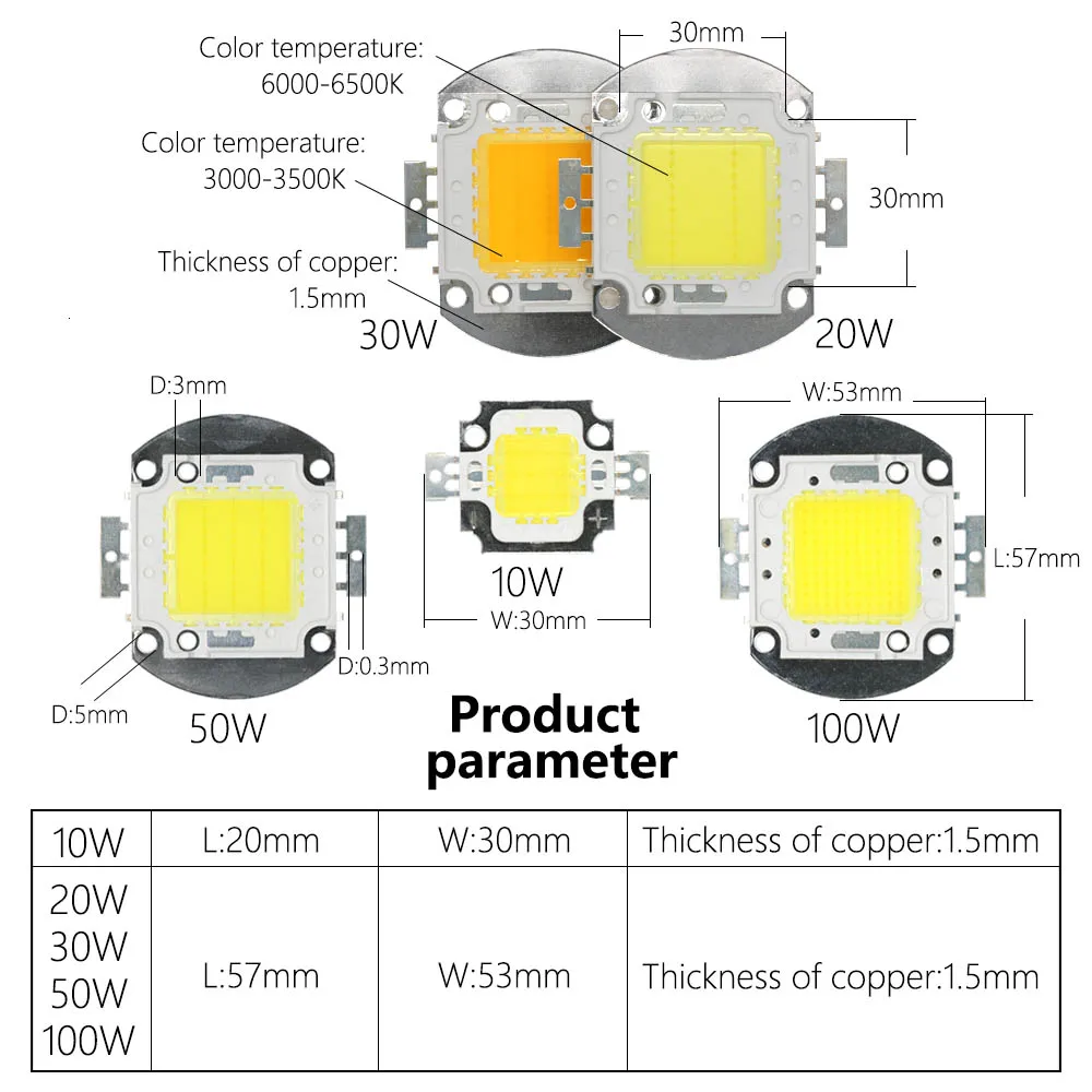 

High Power LED Chip 10W 20W 30W 50W 100W 35mil LED Integrated Light Source Industrial And Mining Lamp Lights Flood Light LED DIY