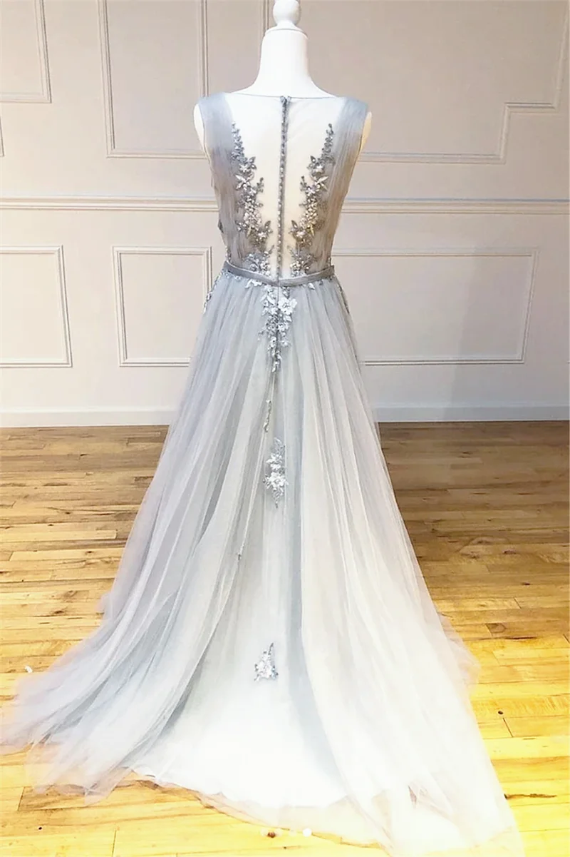

Silver Tulle Prom Dress Sweep Train Sleeveless Appliques Beads Illusion Back O-neck A-line Party Evening Dress