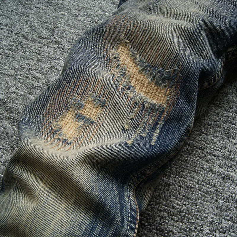 European Vintage Fashion Men Jeans High Quality Retro Distressed Ripped Jeans Men Patchwork Designer Casual Cotton Denim Pants