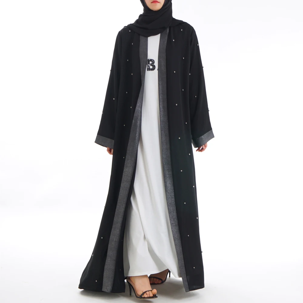 Женское платье с длинным рукавом abaya, черное платье с жемчугом и бусинами