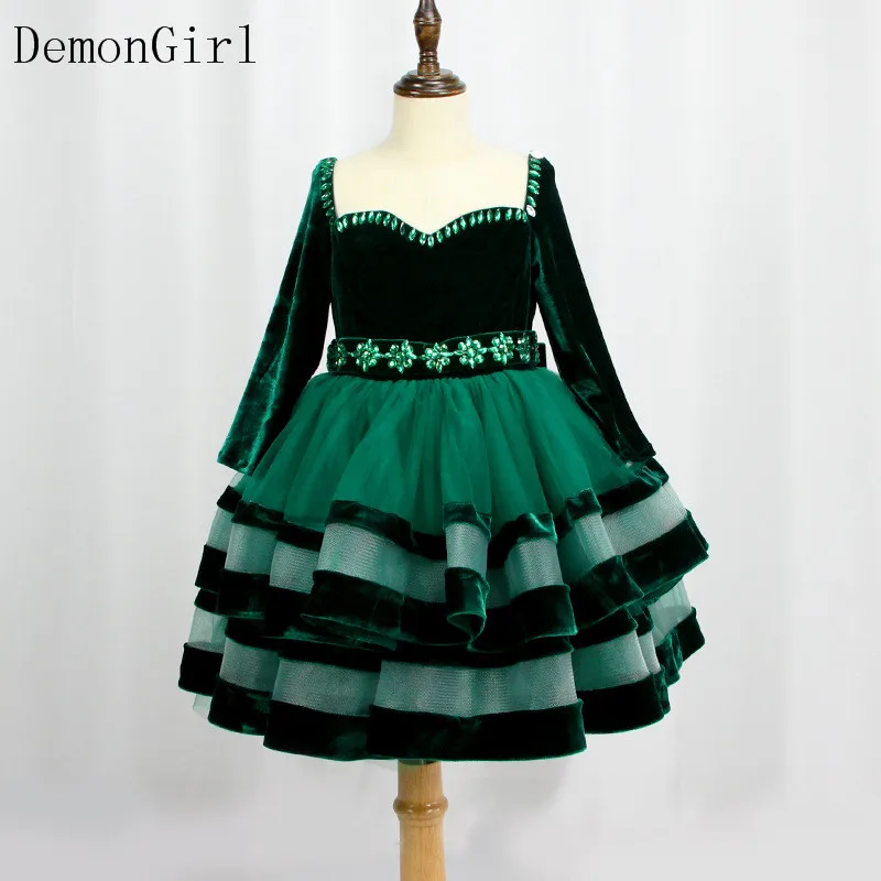 

Зеленые бархатные платья для девочек с длинным рукавом и цветами, платье для маленьких девочек, детское платье на день рождения, рождествен...