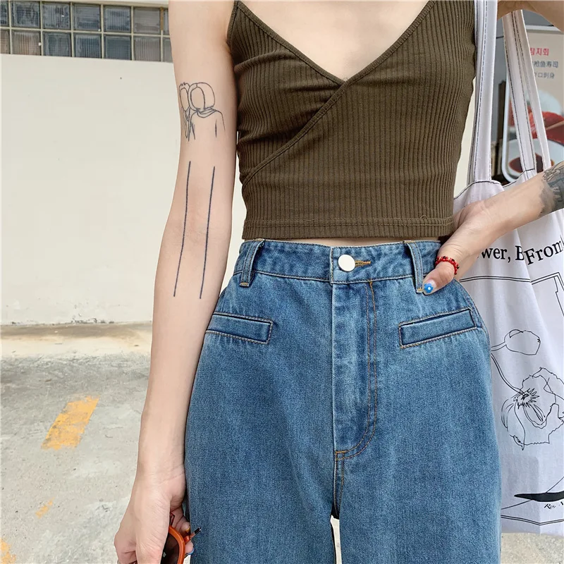 Контрастные однотонные простые джинсовые облегающие свободные прямые брюки с