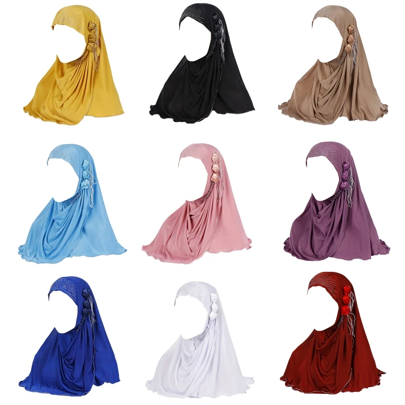 

Женский мусульманский арабский хиджаб, шапка, длинный шарф, накидка, ледяной шелк, цветок розы, кисточки, однотонный головной платок, накидк...