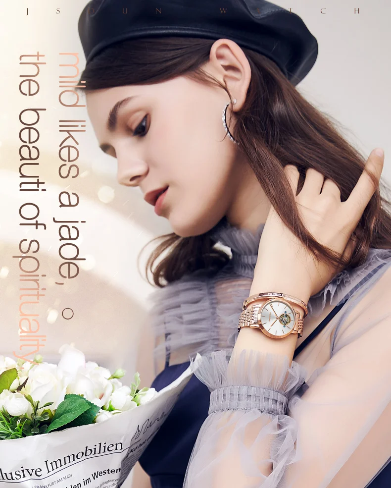 

JSDUN 8813 Tourbillon Automatische Mechanische Damen Uhr Marke Luxus Armband Elegante Frauen Uhren Wasserdichte Uhr